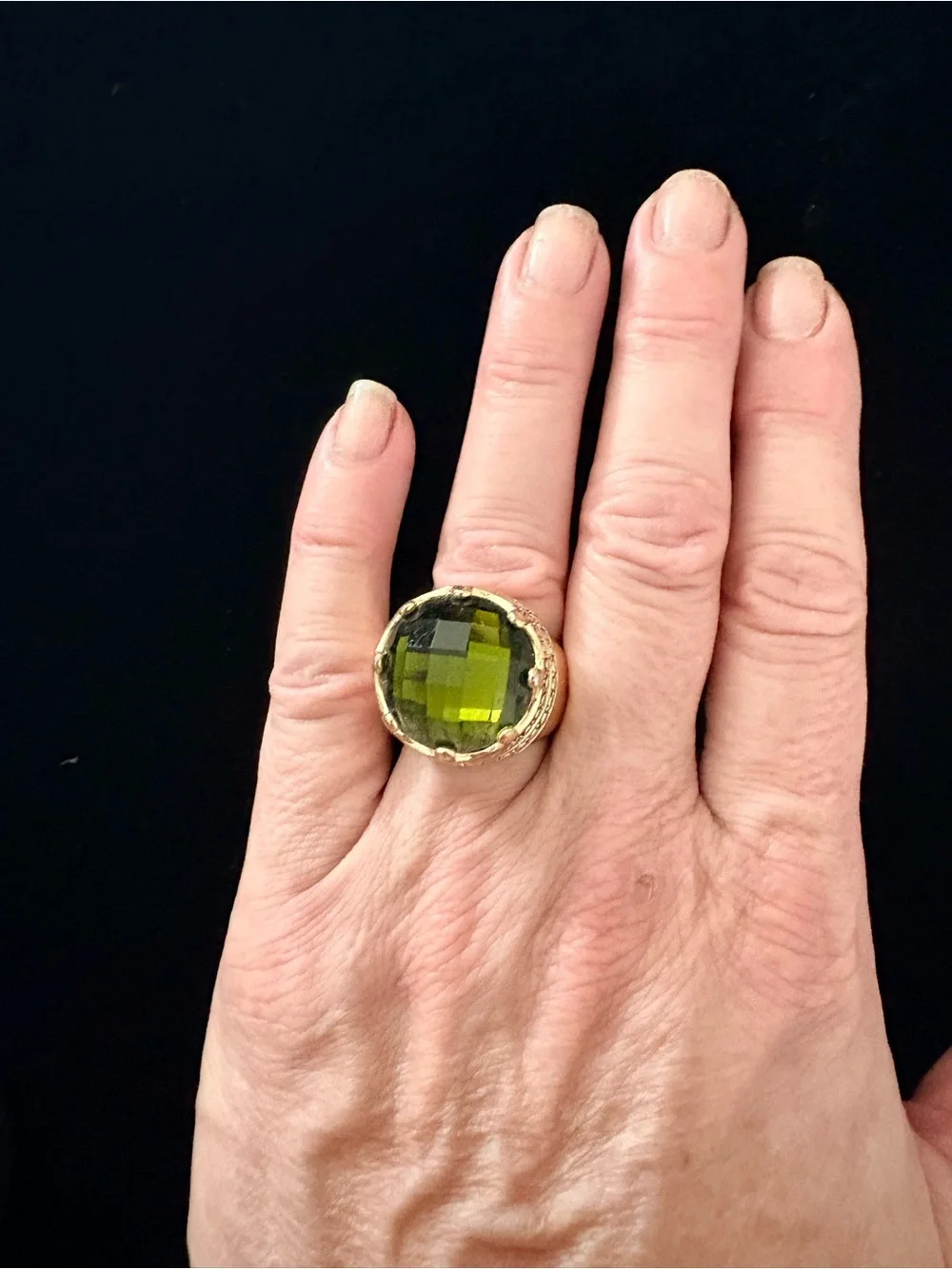 Heavy Crown Gold-Tone Statement Ring with Dark Green Stone